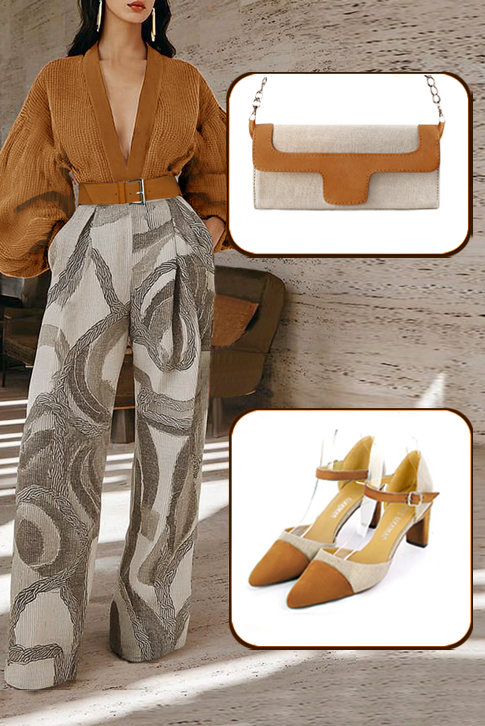 Women's camel beige and gold elegant closed-back heels, with an instep strap. Tapered toe. Medium comma heels - Worn view